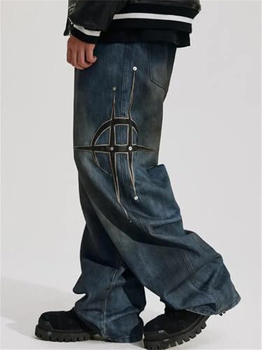 Men Streetwear Pu Leather Embroidery Baggy Stacked Jeans Pants Vintage Clothes Trousers2