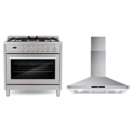 COSMO 36 in. Gas Range with 5 Burner Cooktop, 3.8 cu. ft. Capacity Rapid Convection Oven | COSMO 36 in. Under Cabinet Range Hood Ductless Convertible Duct