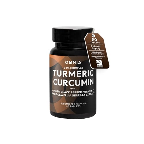 OMNIA High Strength Turmeric Complex 3980mg Turmeric Curcumin C3 with Ginger Boswellia Black Pepper & Vitamin C 60 Tablets Joint Pain Relief Immune Support & Anti-Inflammatory Supplement (60)