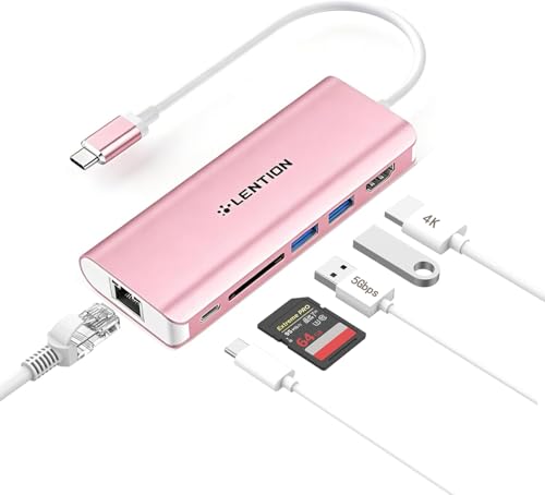 Image of LENTION USB-C Digital AV Multiport Hub with 4K HDMI, 2 USB 3.0, SD Card Reader, Type C Charging and Gigabit Ethernet Adapter for 2016 2017 MacBook Pro 13 15, MacBook 12, Dell XPS, More (Rose Gold)