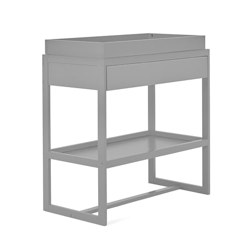 Image of Dream On Me Arlo Changing Table with Pad & Safety Strap - Pebble Grey | Solid New Zealand Pinewood, Non-Toxic Finish, Spacious Fixed Storage Shelf for Diapers, Water-Resistant 1 inch Pad