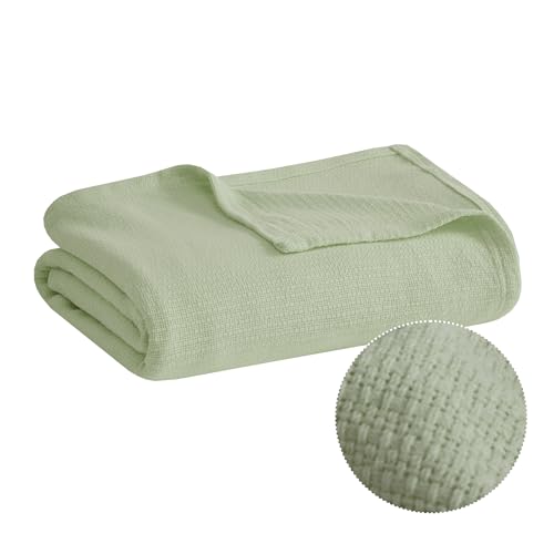 Madison Park Farmhouse Blanket,100% Cotton Luxuriously Soft Fresh Spun Farmhouse Basketweave Blanket Breathable All Seasons Lightweight Blanket for Bed, Couch and Office, Twin, Green