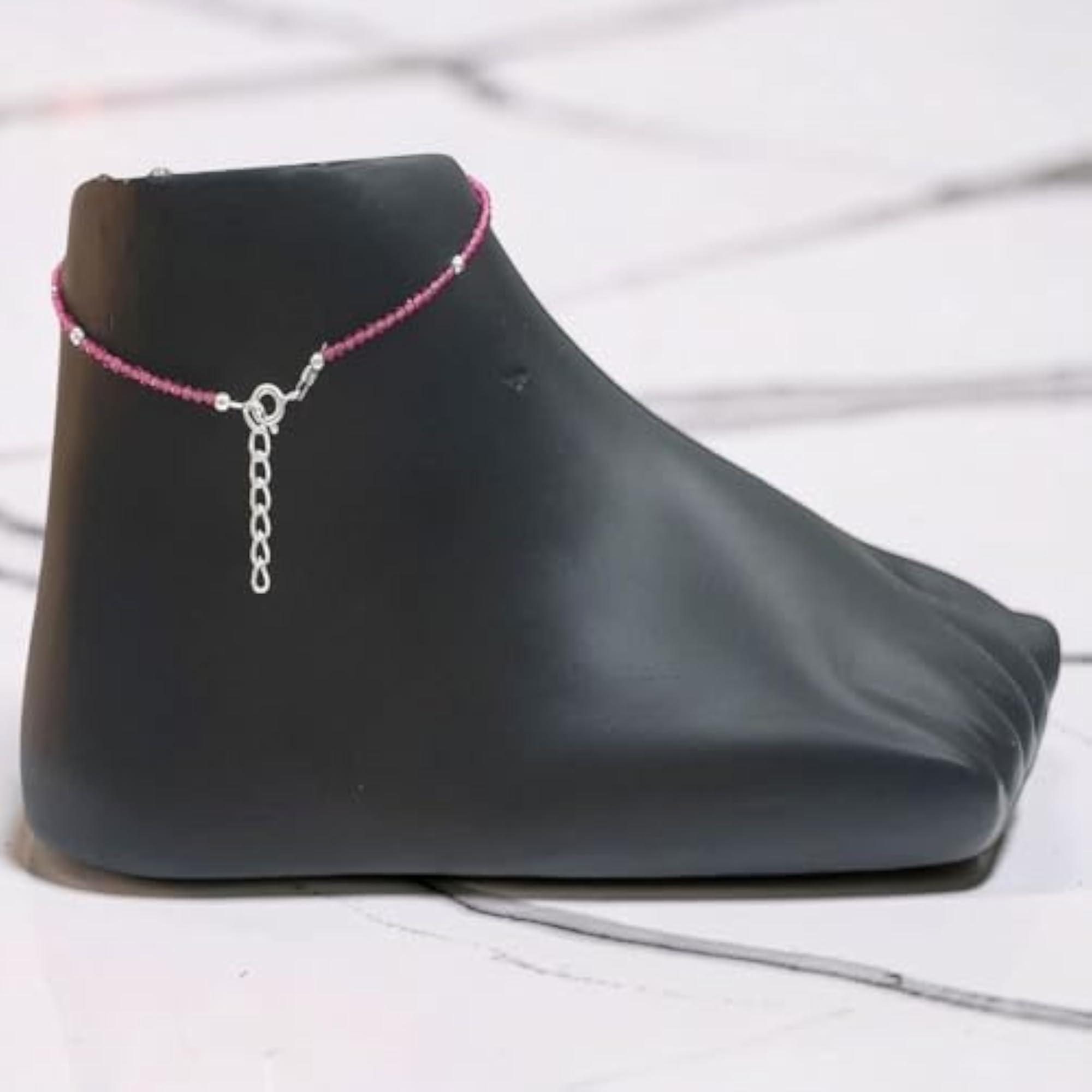 92.5 Silver Anklet Payal for Women with Maroon Color Beads