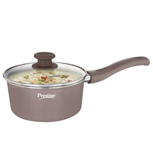 Image of Prestige Ceraglide Duo Sauce pan 16Cm /1.4L with Glass Lid Non-Stick Ceramic Coating|Works On Gas & Induction|High Heating|Cool Touch Handle|Grey