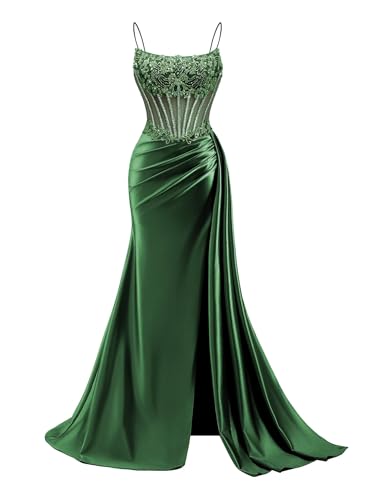 XYNGZOR Sparkly Beaded Prom Dresses Long 2026 Mermaid Satin Spaghetti Strap Corset Formal Evening Gowns Emerald Green Size 8