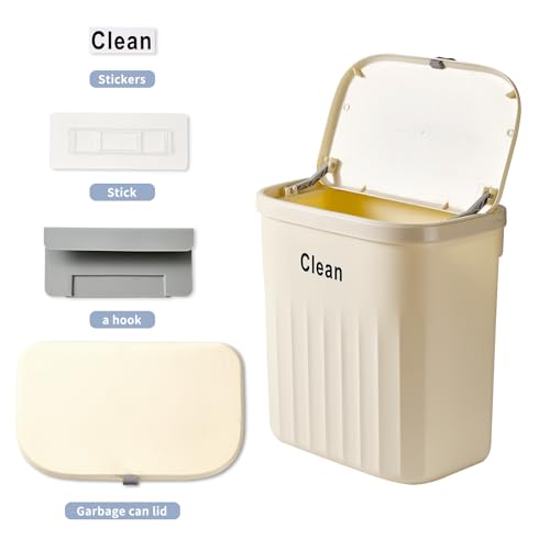 Image of Hanging Trash Can with Lid, 2.2 Gallon Kitchen Garbage Bin Food Waste Container Kitchen Compost Bin Wall Mounted Trash Can for Kitchen, Cupboard, Bathroom, Bedroom, Office, Under Sink - Beige