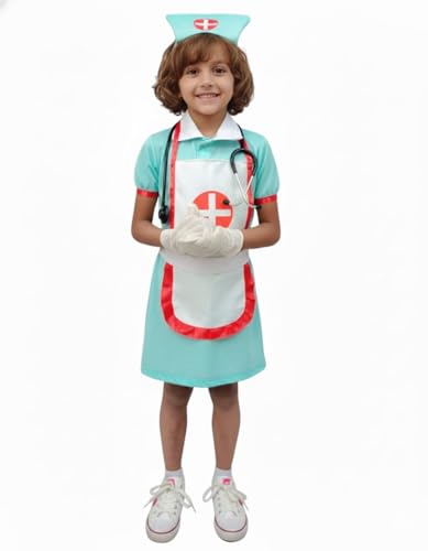 Image of BookMyCostume Kids Nurse Costume for Girls | 6-Pc Professional Community Helper Uniform with Dress, Cap, Stethoscope, Syringe, Gloves & Mask | Pretend Role Play Costumes | 8-10 Years