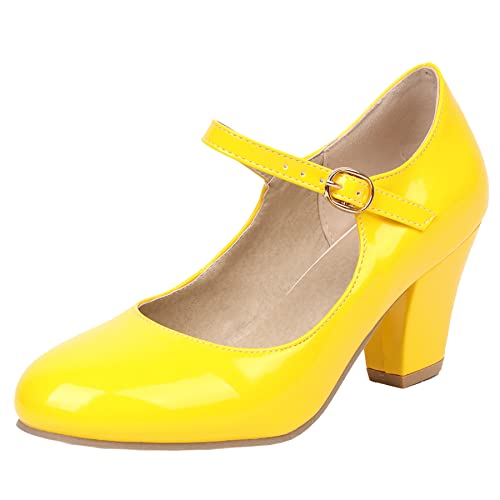 Elbslutt Women's Patent Leather Block Heel Mary Janes Retro Rockabilly Shoes Ankle Strap Chunky Pumps Work Office Dress Shoes