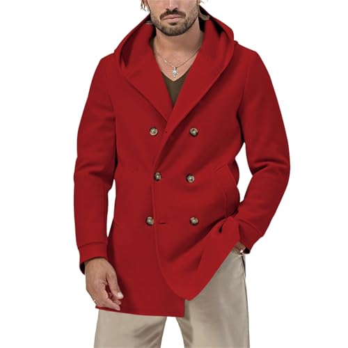 Men's Wool Blend Pea Coat Casual Trench Coat Hooded Collar Double Breasted Overcoat Slim Fit Mid Long Jacket for Spring