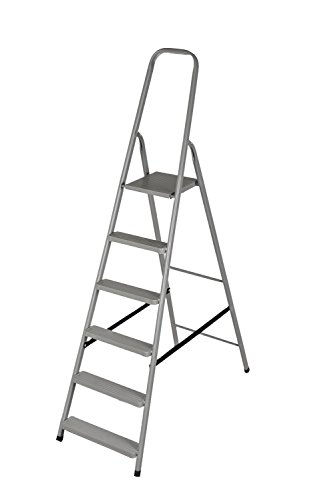 DRABEST - Stehleiter - mit 6 Stufen - bis 125 kg belastbar - 1,97 m lang - Arbeitshöhe 3,2 m - Trittleiter, Bockleiter aus Stahl pulverbeschichtet - für Haushalt, Malerarbeiten - Grau