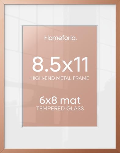 Image of Homeforia 8.5x11 Rose Gold Frame, High End Metal 8.5 x 11 Picture Frames with Mat 6 by 8 inch Photo, 11x8.5 Poster Frame Matted to 6x8 Print, Wall or Tabletop Frame, Tempered Glass, Wall Kit, Set of 1