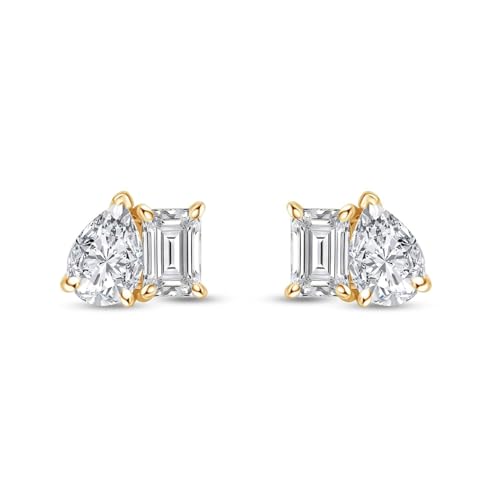 Toi et Moi Stud Earrings for Women Emerald & Pear Cut Lab Created Moissanite In 14K Gold Plated Sterling Silver with Push Back Jewelry Gift for Her 2.50 Cttw VVS1 Clarity