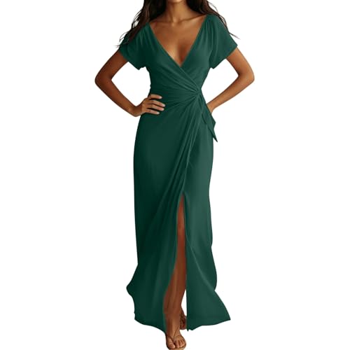 Foweknow Vestidos de mujer de cintura larga vestido de verano ligero una línea envolvente vestido de verano elegante vestido festivo con cuello en V de cintura alta vestidos de verano aireado manga