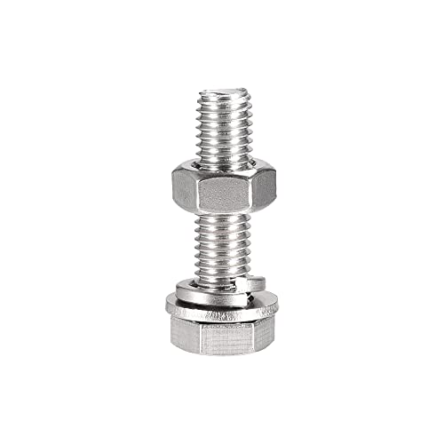 Image of uxcell M10 x 45mm Hex Head Screws Bolts, Nuts, Flat & Lock Washers Kits, 304 Stainless Steel Fully Thread Hexagon Bolts 4 Sets