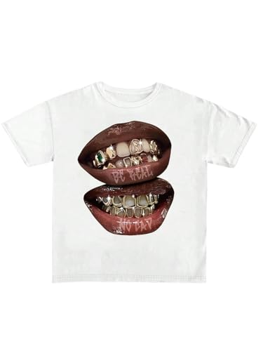 Verdusa Women's Lips Print Graphic Tees Y2k T Shirts Summer Crew Neck Vintage Going Out Tops