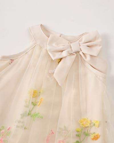 Toddler Baby Girl Dress Summer Clothes Floral Sleeveless Birthday Party Tulle Dresses Beach Sundress Outfit Ruched Beige Dress for Girls 18-24 Months