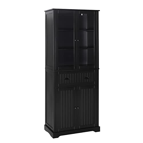 Image of MUPATER Kitchen Pantry Storage Cabinet Microwave Hutch, 72'' Freestanding Hutch Cabinet Buffet Cupboard Tall with Drawer and Doors for Home Kitchen Living Room, Black