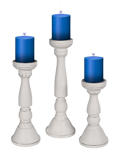 The Wooden Town Tall Candle Holders Set of 3 – White Antique Wood Pillar Holders (16", 14", 12") – Rustic Farmhouse Decor for Table, Mantel, Centerpiece, or Wedding Decorations