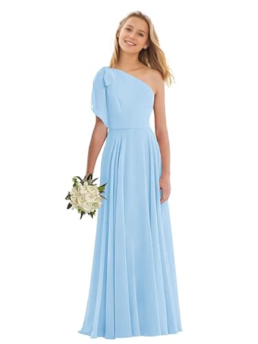 One Shoulder Junior Bridesmaid Dresses for Teen Girls Chiffon Flower Girl Dress Tie Strap Pageant Gown