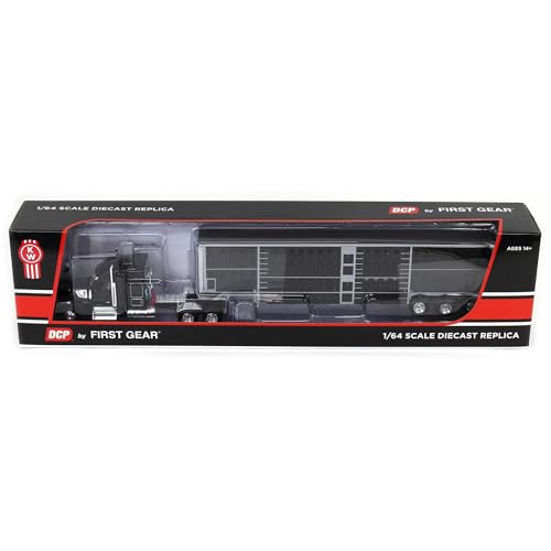 Camión Kenworth W990 escala 1/64 con remolque negro plata miniatura 5