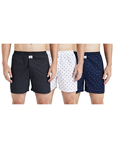 Image of Longies Pure Cotton Men Printed Boxers Pack of 3 Regular Shorts (LGBOXPO3V003 Black,Off White,Navy3267 XL)