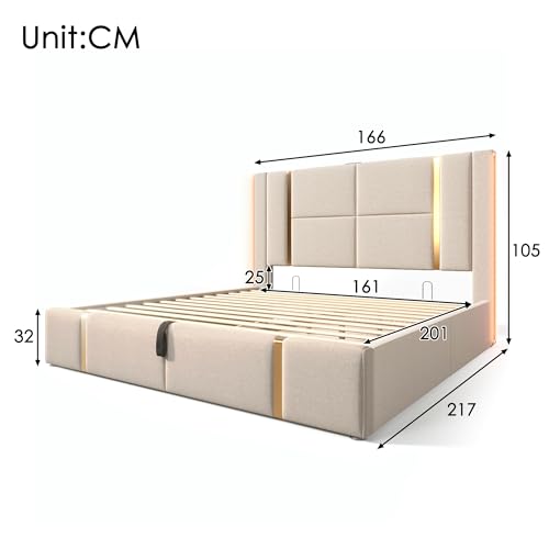 Dolamaní Polsterbett Bett 160x200 cm mit Lattenrost Beige, Doppelbett mit Stauraum, Schlafzimmer Boxspringbett, Lattenrost aus Holz, Kopfteil im Liniendesign – Bild 3
