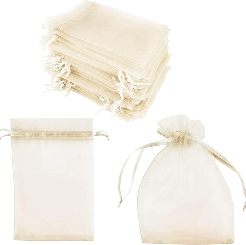 巾着袋オーガンジーラッピング袋 無地 透明 小 誕生日 結婚式 サシェ用バッグ プレゼント プチギフト ジュエリー アクセサリー お菓子 小物入れ 50枚 10cm X 12cm(オフホワイト)