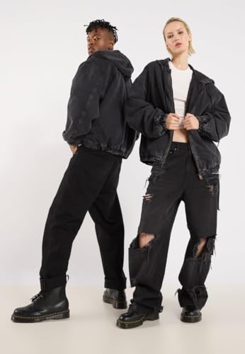 Oversized Black Denim Hooded Jacket for Unisex, 100% Cotton with Faded Vintage Effects Zipper Jacket3