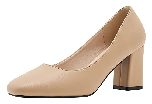 YooPrettyz Women Office Leather Pump Shoe Daily Wear Work Pump Block Heel Square Toe Polished Mid Heels