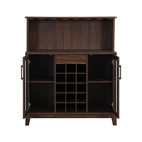 Bar Cabinet with Wine Rack and Glass Doors in Mahogany Finish