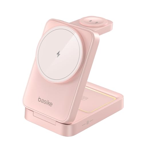 Basike Carregador Sem Fio 3 em 1 Magnético 2025, Estação de Carregamento Portátil com Luz Noturna, Dobrável e Compatível com MagSafe, iPhone 16/15/14/13/12, Apple Watch e AirPod (Ouro rosa)