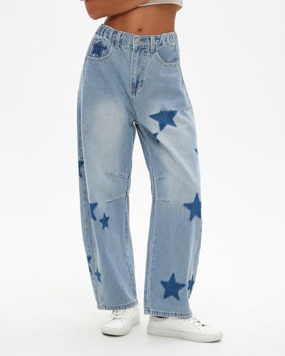 Kedera Women's Barrel Boyfriend Baggy Star Print Jeans Denim Pants Mid Rise Wide Leg Y2K Horseshoe Jeans Trendy4