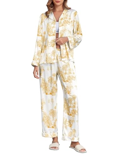 Image of Brosloth Women's Silk Satin Pajamas Pjs Sets Cute Lace Pattern Two Piece Loungewear Set Button Up Pajamas Sleepwear Black