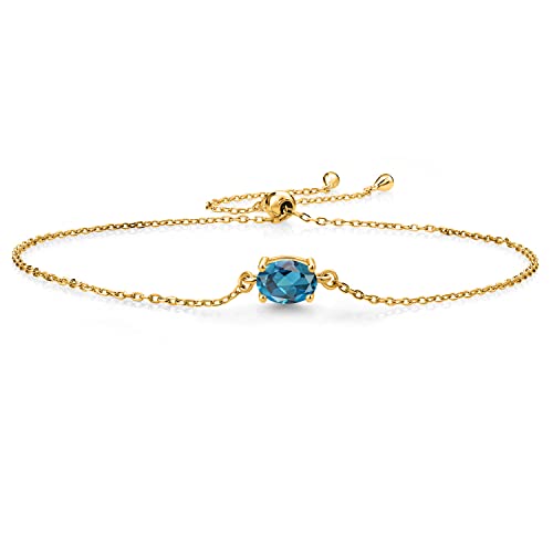 Gem Stone King 7X5MM Oval Gemstone Birthstone Solitaire Bracelet | 925 Sterling Silver | Adjustable Bolo Bracelet | Fine Jewelry for Her Mom Wife | London Blue Topaz-November | Yellow Gold