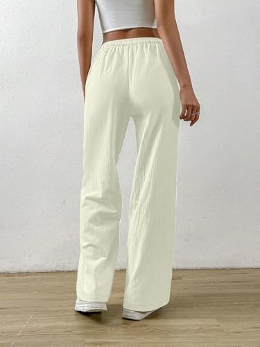 Image of TOPLOT Women's Linen Blend Wide Leg Palazzo Pants | Elastic Drawstring Waist Trousers for Woman | Relaxed Fit Casual Lounge Trousers | Breathable Straight Leg Everyday Bottom Wear (5268)