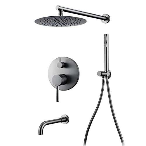 Système de douche gris fusil 12 pouces avec mitigeur et bec de baignoire multifonction
