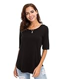 Picture of Womens T Shirts Basic Tees Black Cotton Tshirts Casual Elbow Length Sleeve Tops L