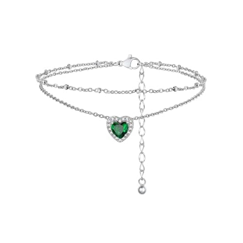 FindChic Bling Heart Birthstone Anklets Layered Beaded Ankle Bracelets for Women Gold/Black/Silver 12 Month Gem Colors Foot Chain Summer Jewelry for G
