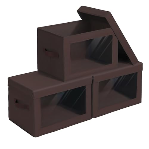 Image of Homsorout Foldable Storage Boxes with Clear Window - Clothes Organizers and Decorative Bins with Lid, Fabric Storage Cube, Baskets for Shelves, Yarn, Home, Brown, 3 Pack