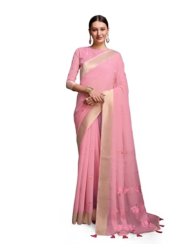 Image of SWORNOF Womens Linen Silk Saree | Saree for Women With Unstitched Blouse | Saree with Blouse Piece | Soft and Skin Friendly