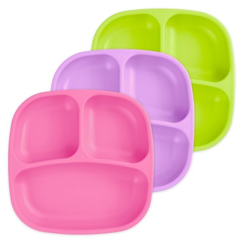 Image of Re-Play Toddler Plates with Dividers - Deep-Walled 3 Compartments Divided Plates for Kids - Dishwasher & Microwave Safe - Made in USA - Set of 3-7.37" x 7.37" x 1.25" - Butterfly