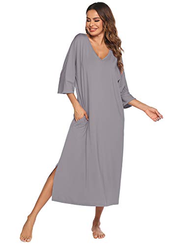 Ekouaer Nightshirt Womens Nightgowns T-shirt Dress V Neck Plus Size Long Loungewear 3/4 Sleeve Sleepwear with Pockets(Grey,Small)
