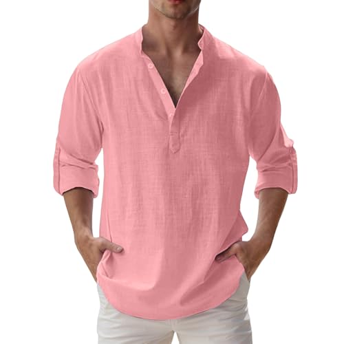 Generico Camisa de lino para hombre, manga larga, camisas de playa de algodón de verano, elegante, informal, transpirable, ligera de verano con botones, estilo medieval, hippie, secado rápido, Rosa