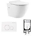 Swiss Madison Well Made Forever SM-WT449 St. Tropez Wall Hung Toilet, Glossy White & SM-WC001W Actuator Flush Plate, White & SM-WC424 Toilet Tank Carrier, For 2 x 4 Residential Studs, White