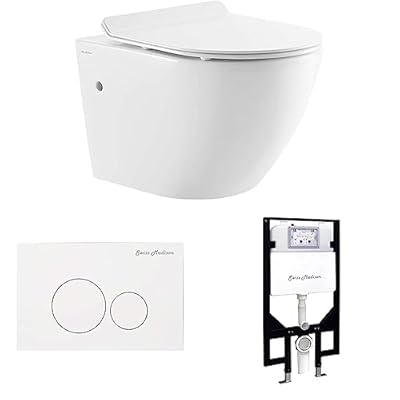 Swiss Madison Well Made Forever SM-WT449 St. Tropez Wall Hung Toilet, Glossy White & SM-WC001W Actuator Flush Plate, White & SM-WC424 Toilet Tank Carrier, For 2 x 4 Residential Studs, White