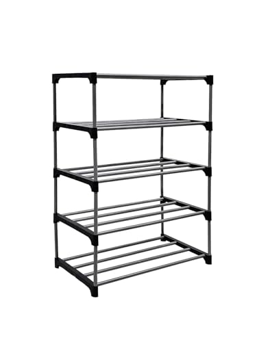 SAVANIZON Shoe Rack for Home Multi Tier Plastic Shelf Organizer with Metal Frame - Space Saving Footwear Stand with Open Slat Design for Entryway Bedroom Closet Storage (5_Tier Shoe Rack)