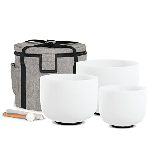CVNC Set of 3 PCS 440HZ 6″ A Note 8″ F Note and 10″ C Note Frosted Chakra Quartz Crystal Singing Bowl with Carry Case Bag for Sound Healing Meditation