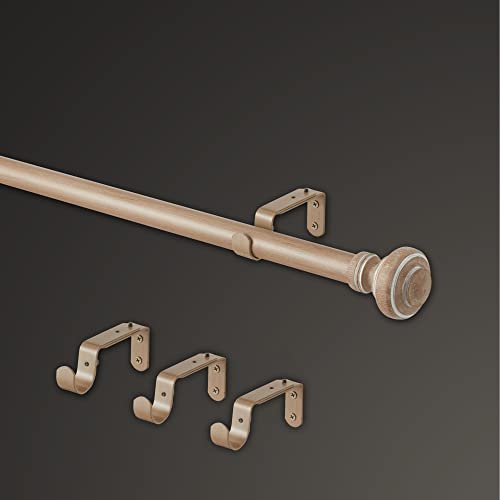 MODE Farmhouse Collection 1 1/8" Diameter Curtain Rod Set with Porch Doorknob Curtain Rod Finials and Steel Wall Mounted Adjustable Curtain Rod, Fits 72” to 144” Windows, Weathered Oak