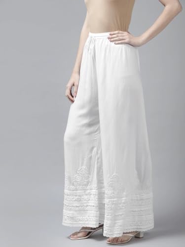 Ada Indian Hand Embroidered Chikankari White Rayon Flared Palazzo Pant for Women A7111534