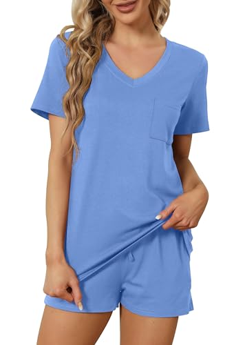 Image of RUBZOOF Women's Short Sleeve Pajama Sets with Pockets Casual V Neck 2 Piece Lounge Sets S-3XL
